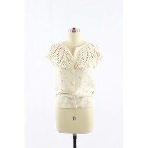 FIORUCCI Ivory White Cotton Crochet Knit Short Sleeve Cardigan Sweater, Size S